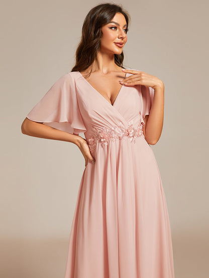 Applique V Neck Tea Length Wedding Guest Dress With Short Sleeves