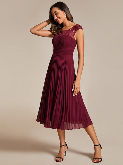 Embroidery Round Neck Tea Length Wedding Guest Dress With Raglan Sleeves