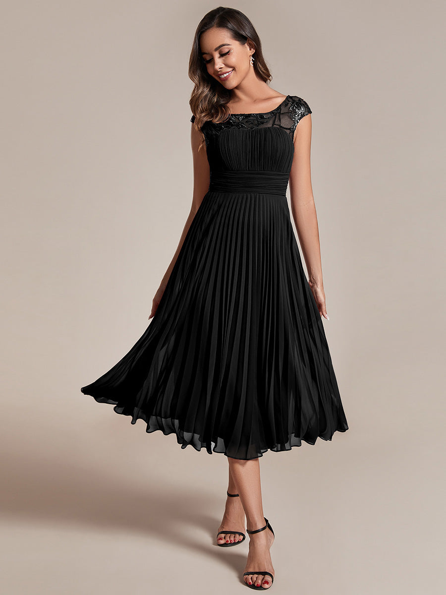 Embroidery Round Neck Tea Length Wedding Guest Dress With Raglan Sleeves