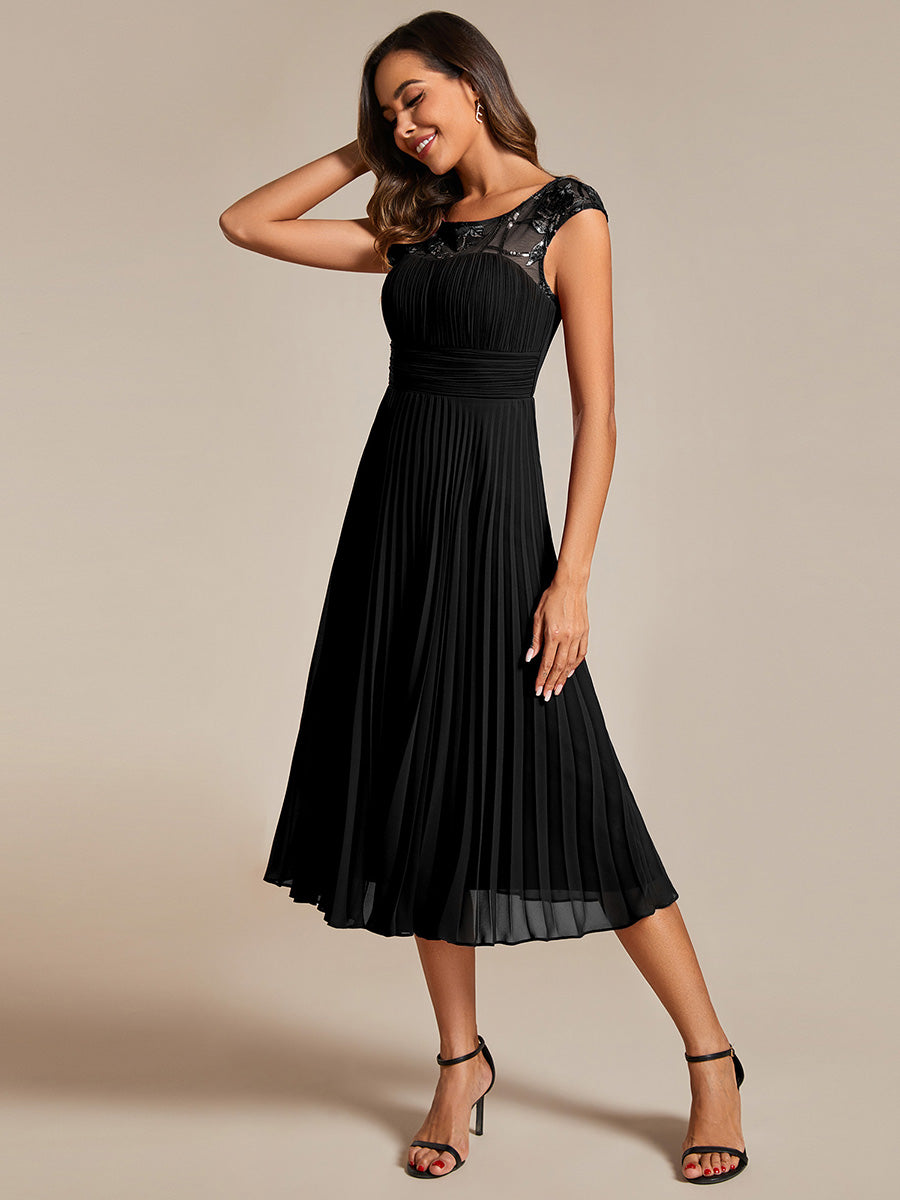 Embroidery Round Neck Tea Length Wedding Guest Dress With Raglan Sleeves