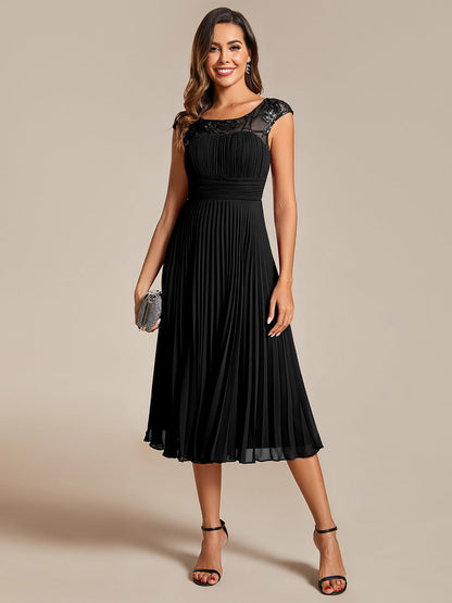 Embroidery Round Neck Tea Length Wedding Guest Dress With Raglan Sleeves