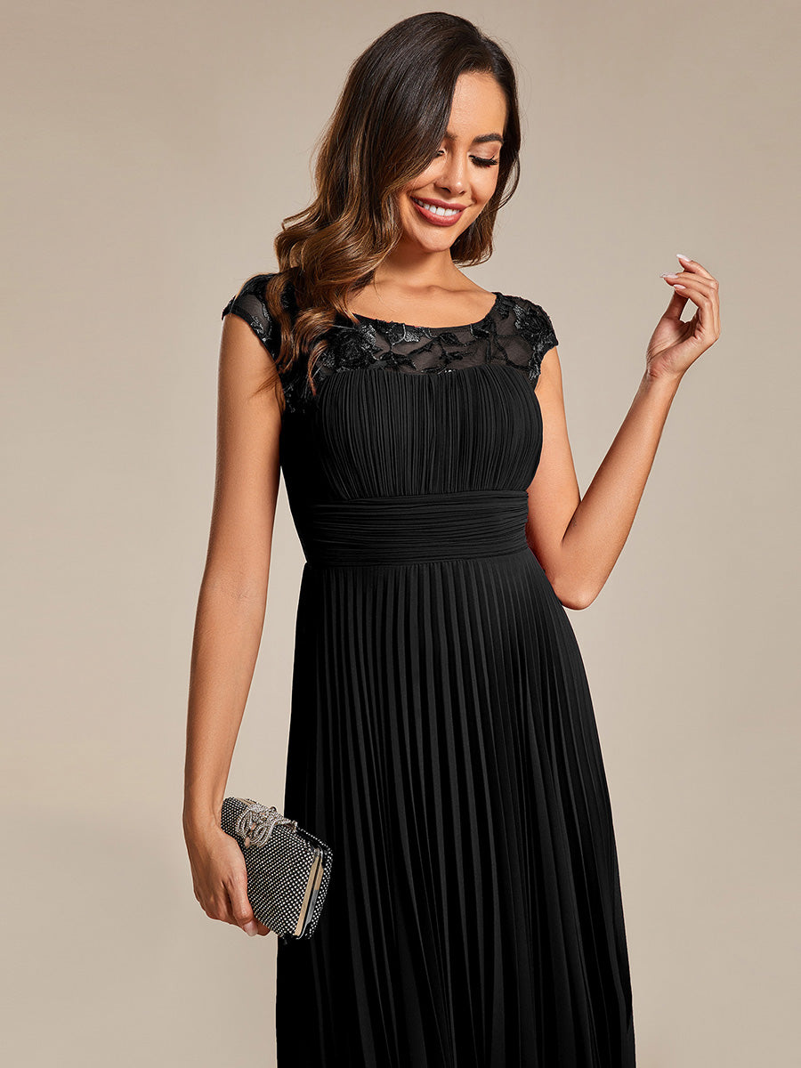 Embroidery Round Neck Tea Length Wedding Guest Dress With Raglan Sleeves