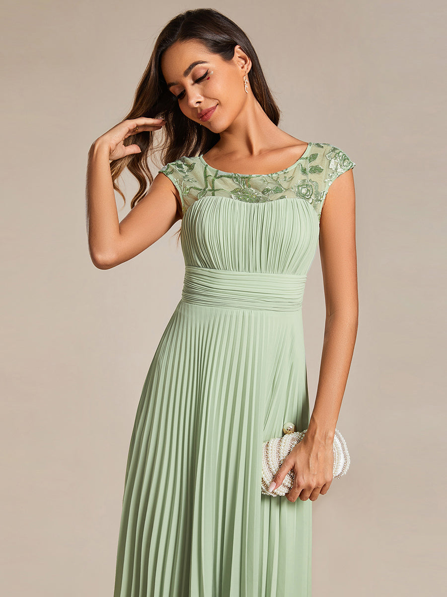 Embroidery Round Neck Tea Length Wedding Guest Dress With Raglan Sleeves