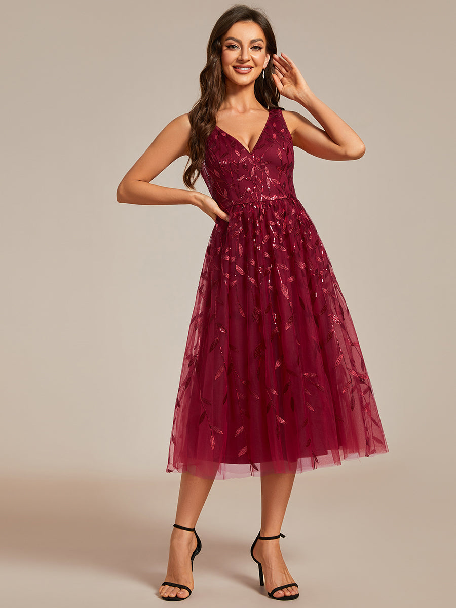 V-Neck Sequin Midi Wedding Guest Dress With Sleeveless