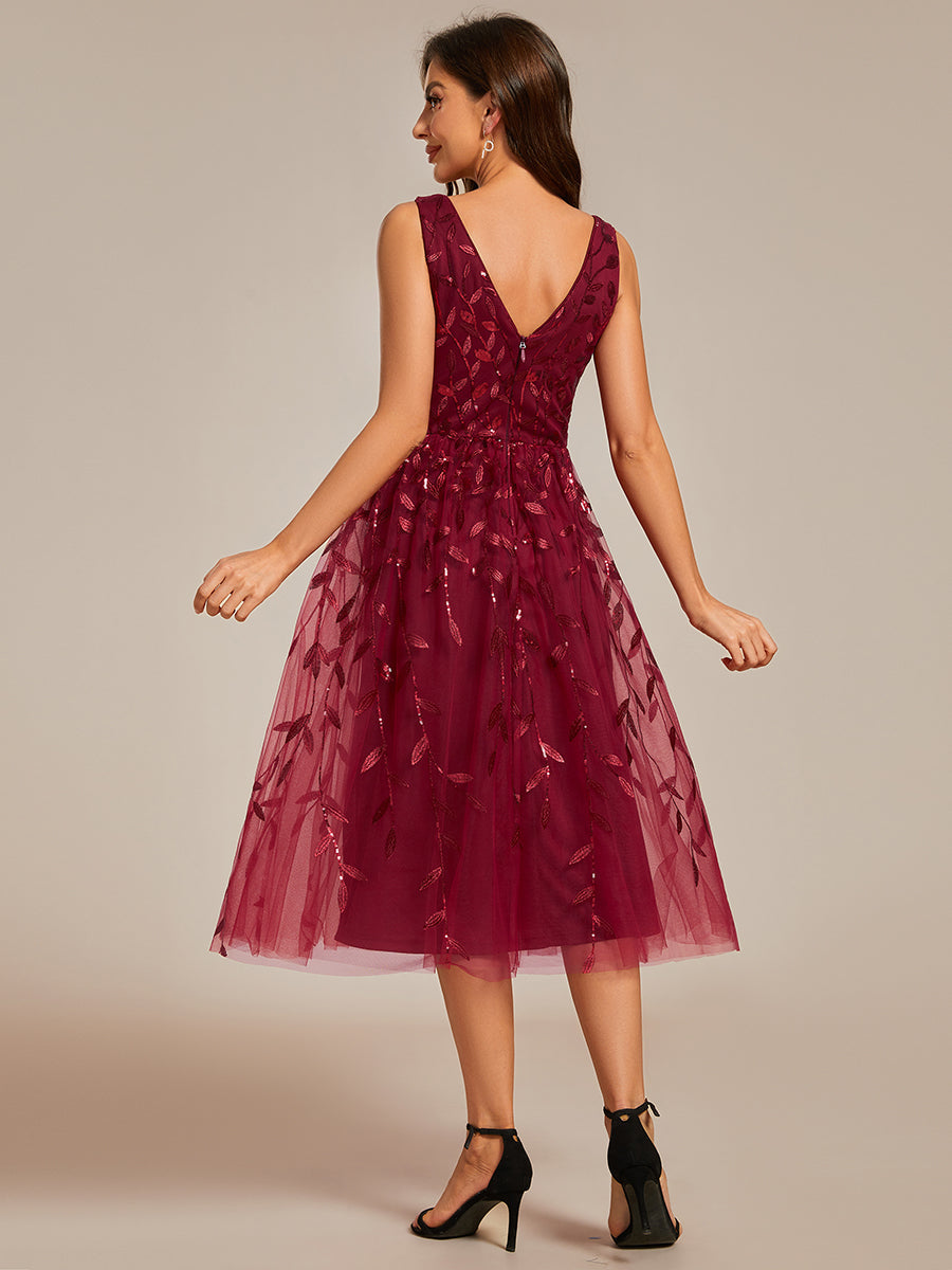 V-Neck Sequin Midi Wedding Guest Dress With Sleeveless