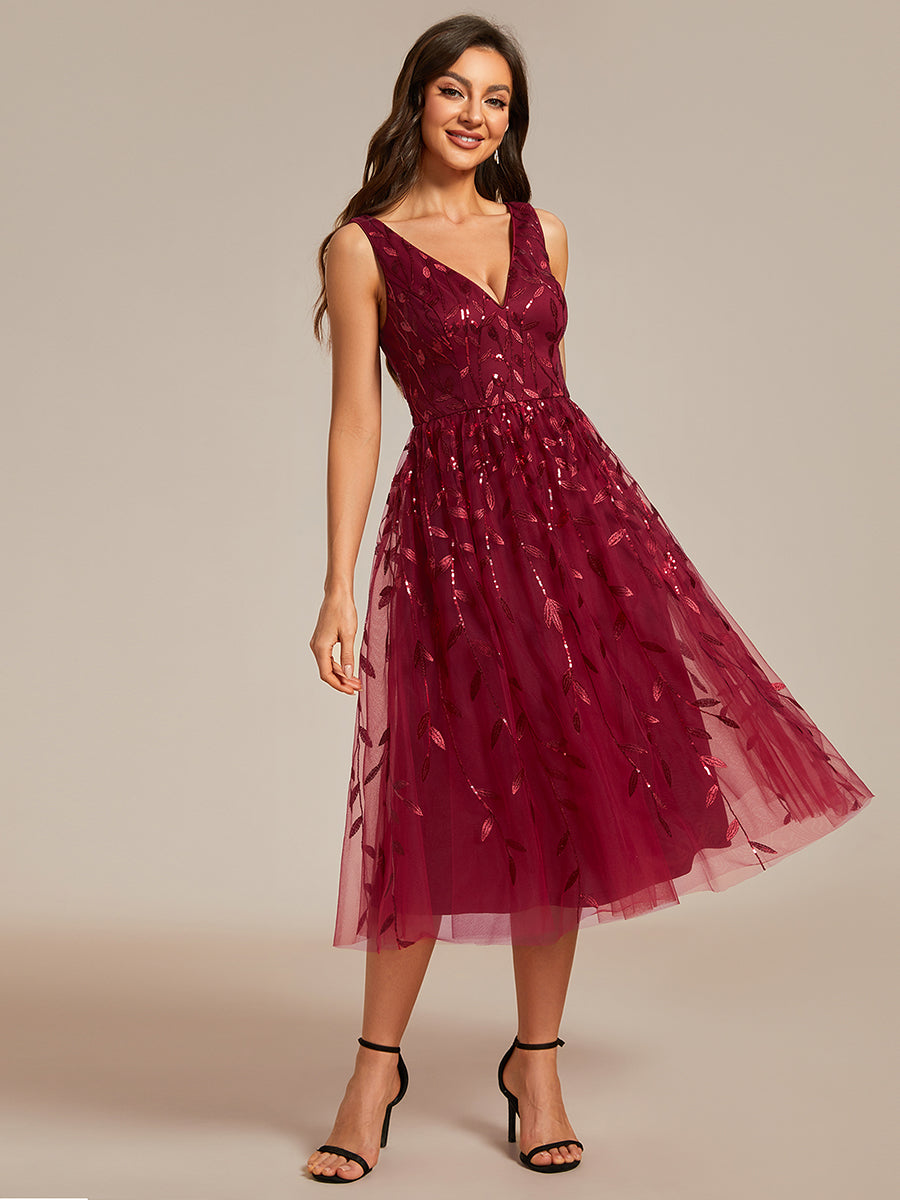 V-Neck Sequin Midi Wedding Guest Dress With Sleeveless