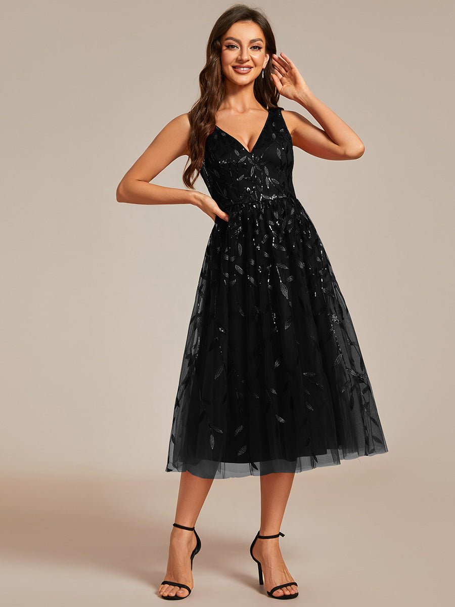 V-Neck Sequin Midi Wedding Guest Dress With Sleeveless