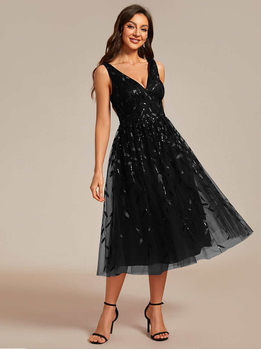 V-Neck Sequin Midi Wedding Guest Dress With Sleeveless