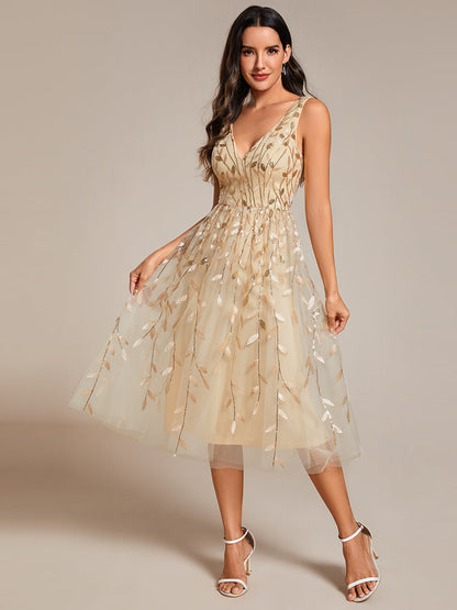 V-Neck Sequin Midi Wedding Guest Dress With Sleeveless