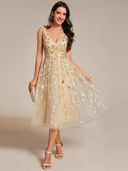 V-Neck Sequin Midi Wedding Guest Dress With Sleeveless