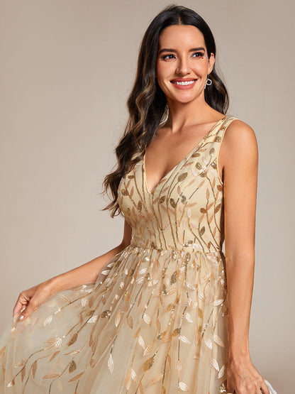 V-Neck Sequin Midi Wedding Guest Dress With Sleeveless