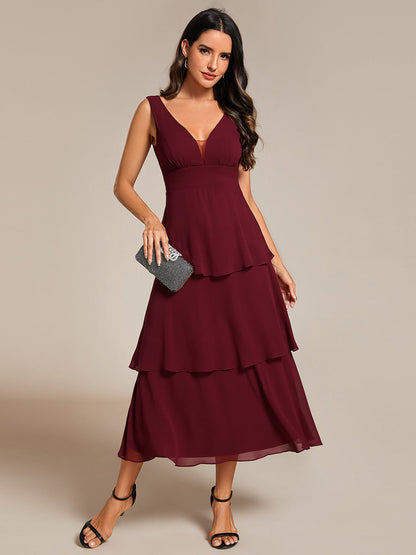 Spaghetti Strap Tiered Ruffle Hem Midi Length Wedding Guest Dress