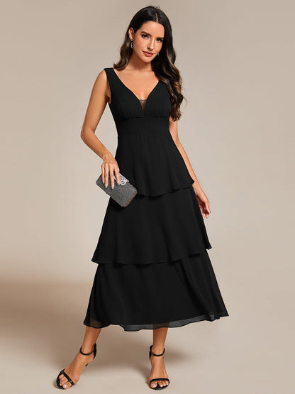 Spaghetti Strap Tiered Ruffle Hem Midi Length Wedding Guest Dress