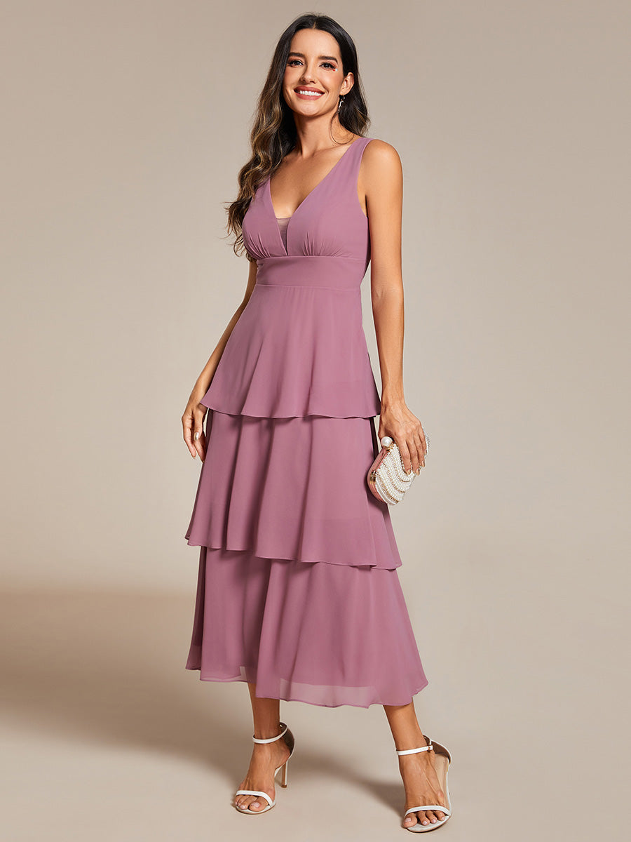 Spaghetti Strap Tiered Ruffle Hem Midi Length Wedding Guest Dress