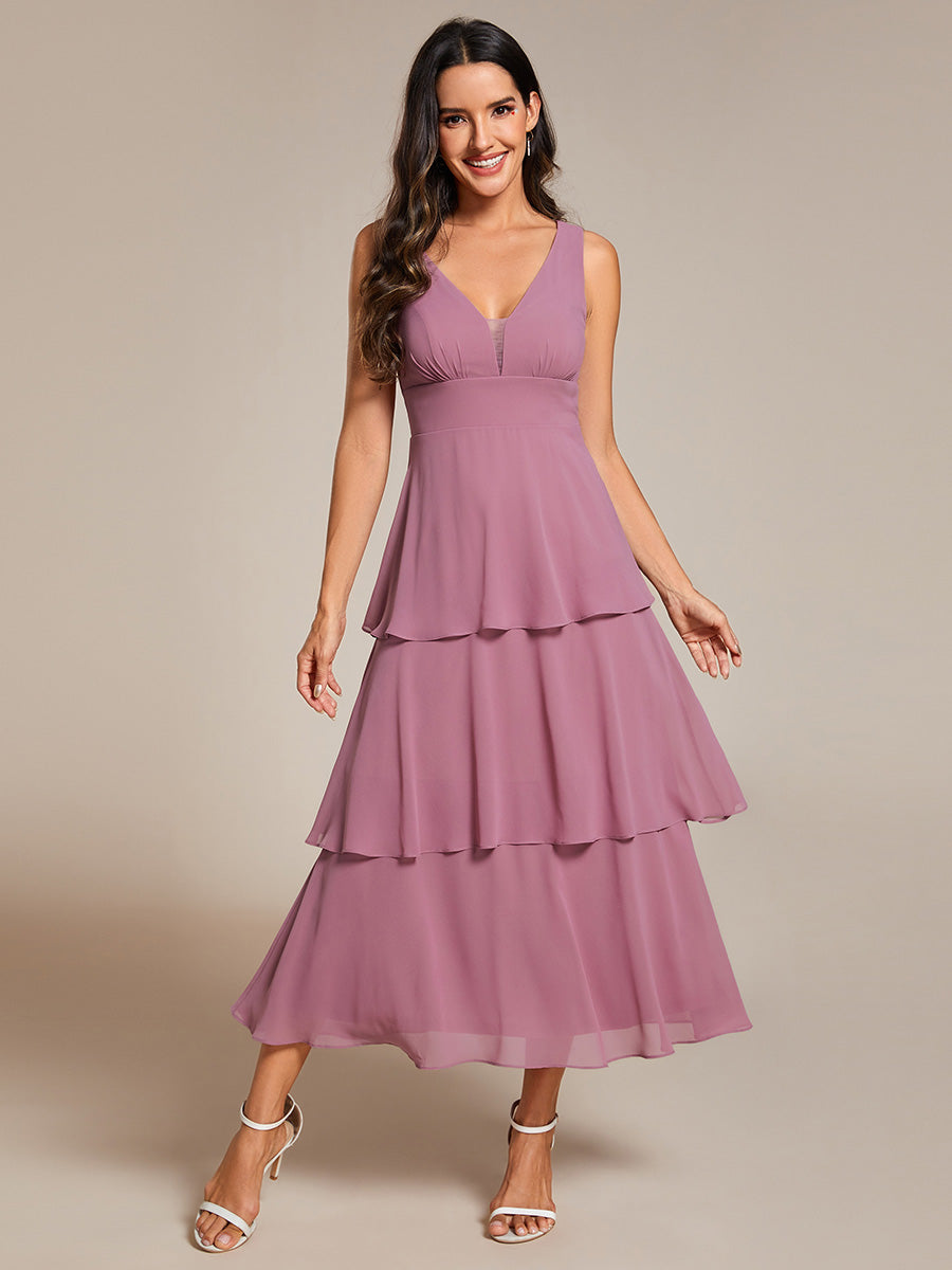 Spaghetti Strap Tiered Ruffle Hem Midi Length Wedding Guest Dress