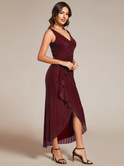 Shimmer V Neck Midi Length Wedding Guest Dress With Spaghetti Straps