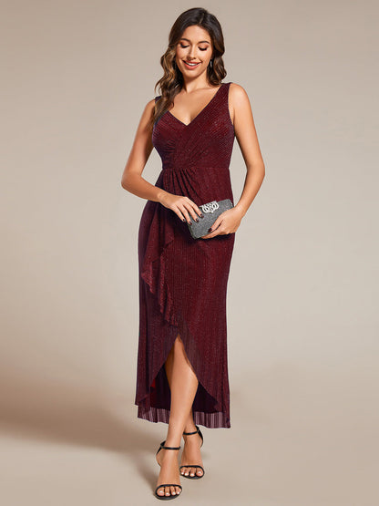 Shimmer V Neck Midi Length Wedding Guest Dress With Spaghetti Straps