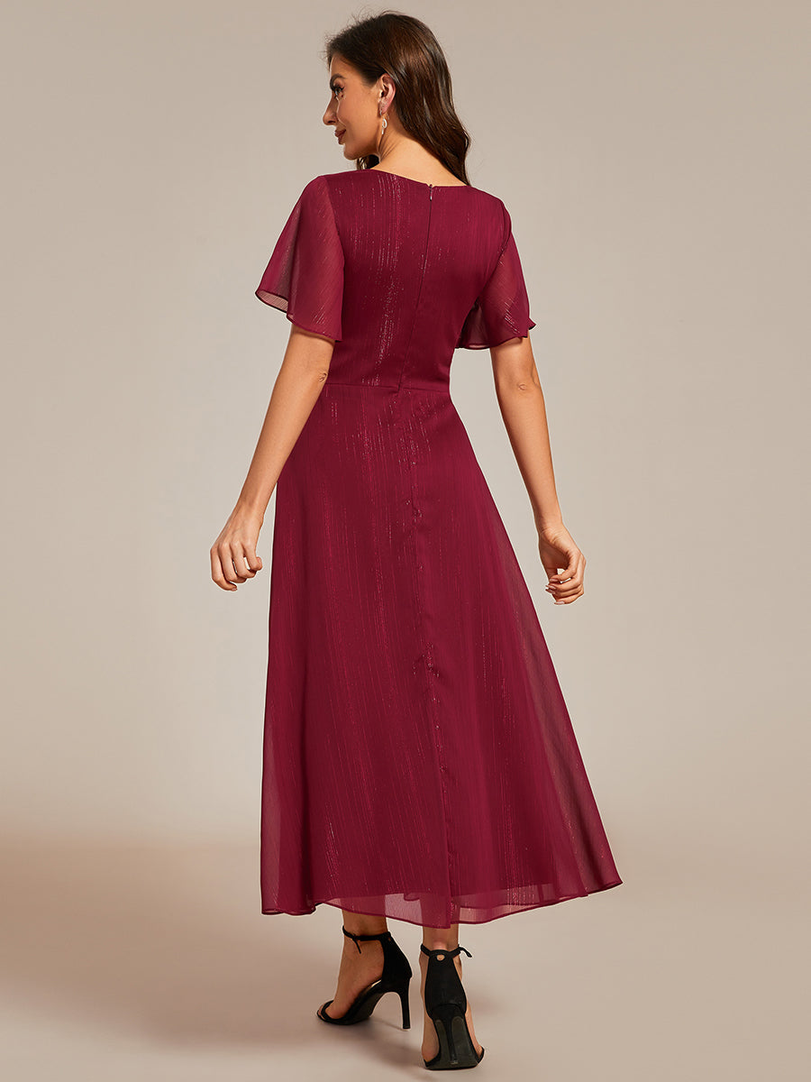 Shimmer V Neck Tea Length Wedding Guest Dress With Short Sleeves