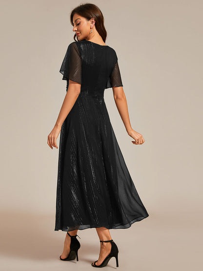 Shimmer V Neck Tea Length Wedding Guest Dress With Short Sleeves