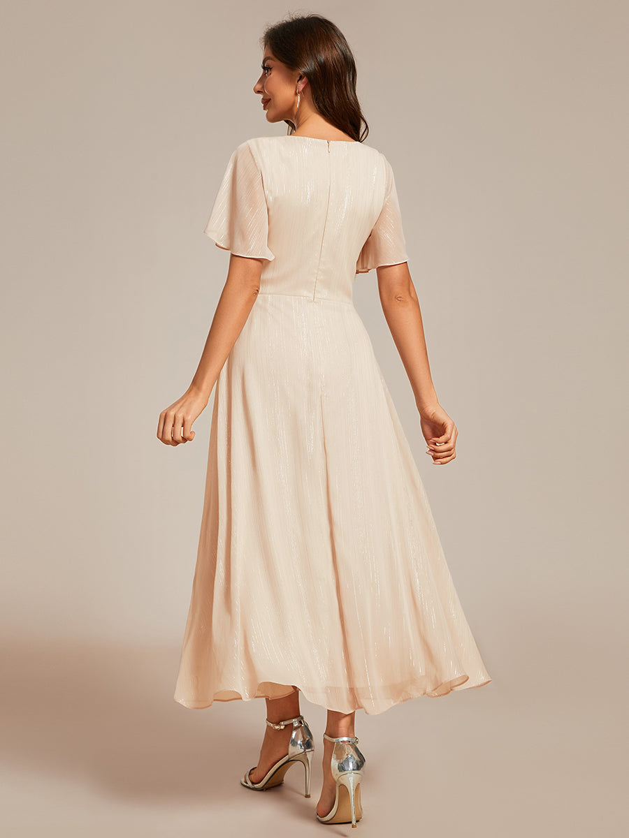 Shimmer V Neck Tea Length Wedding Guest Dress With Short Sleeves