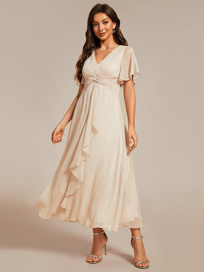 Shimmer V Neck Tea Length Wedding Guest Dress With Short Sleeves