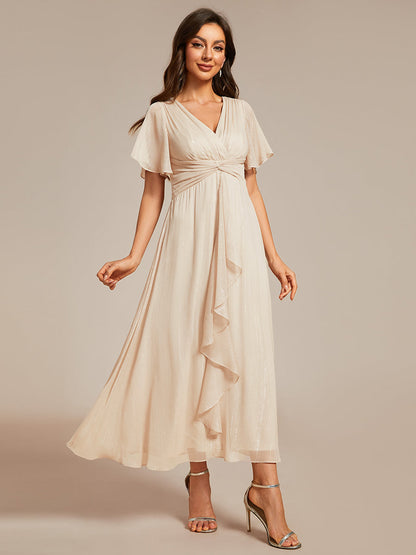 Shimmer V Neck Tea Length Wedding Guest Dress With Short Sleeves