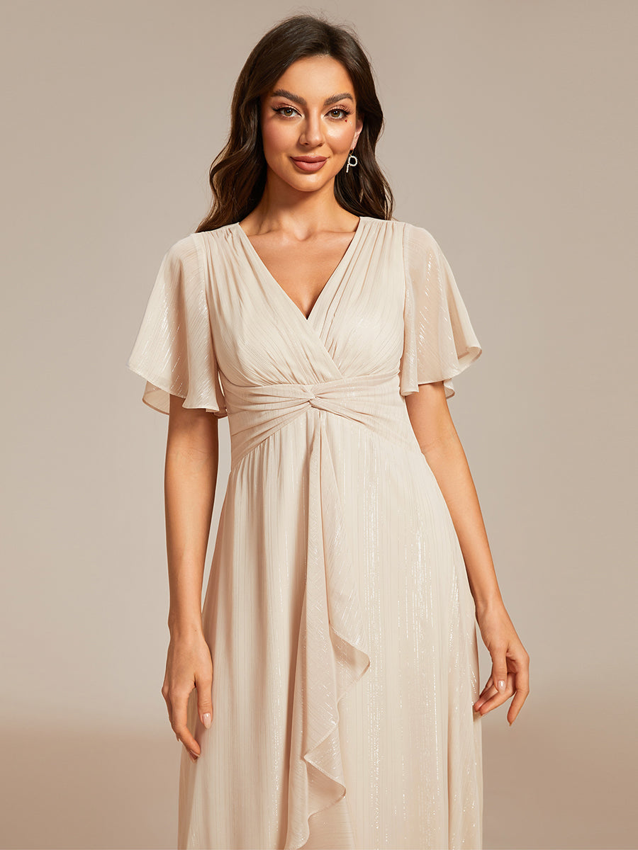 Shimmer V Neck Tea Length Wedding Guest Dress With Short Sleeves