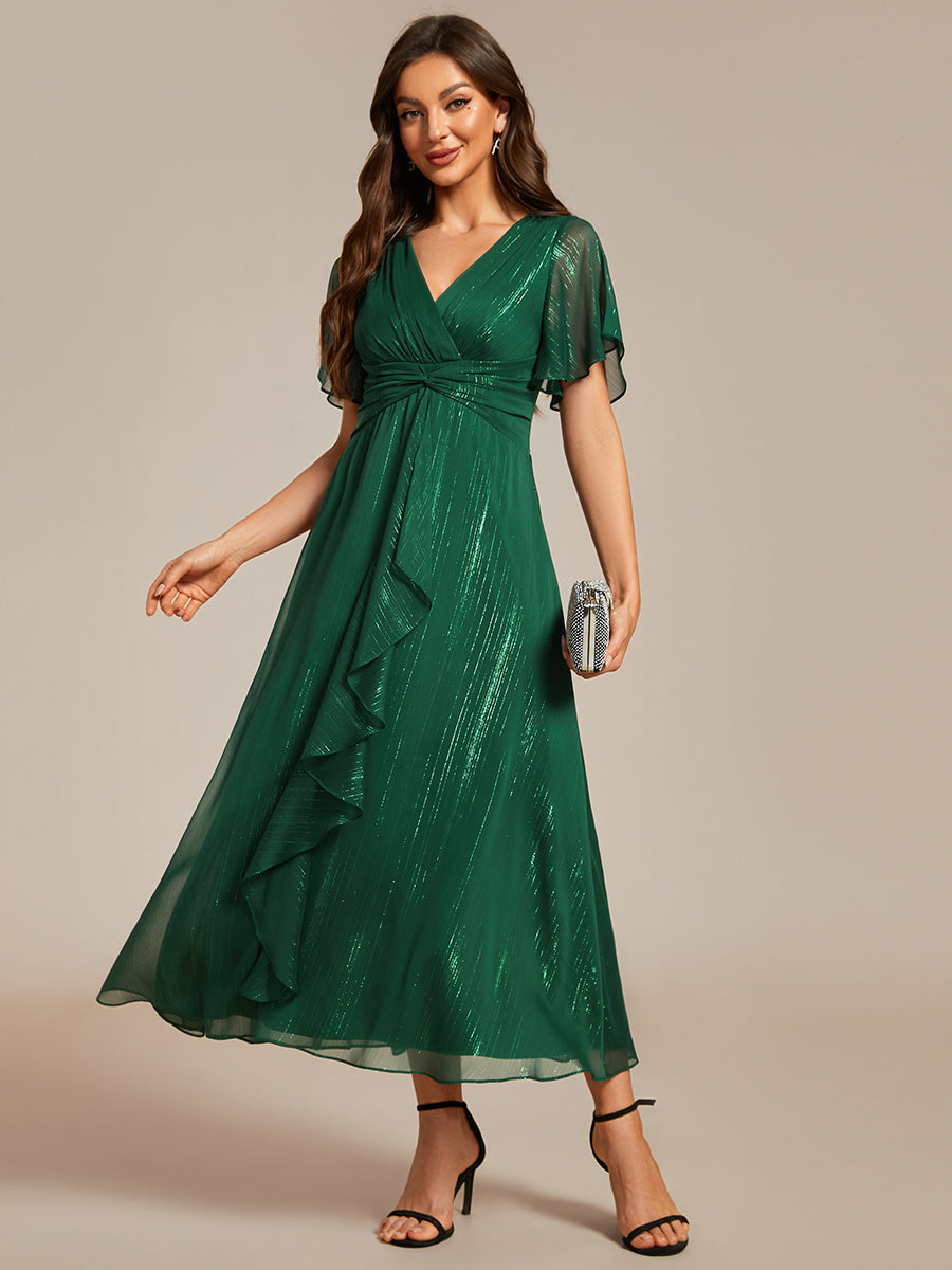 Shimmer V Neck Tea Length Wedding Guest Dress With Short Sleeves