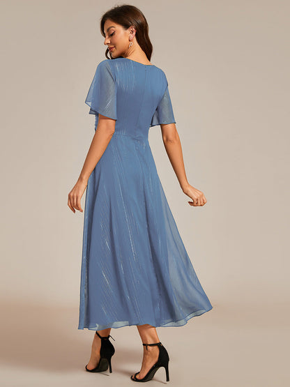 Shimmer V Neck Tea Length Wedding Guest Dress With Short Sleeves