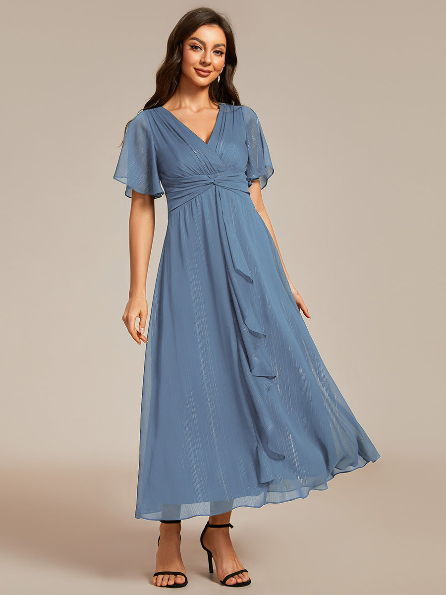 Shimmer V Neck Tea Length Wedding Guest Dress With Short Sleeves