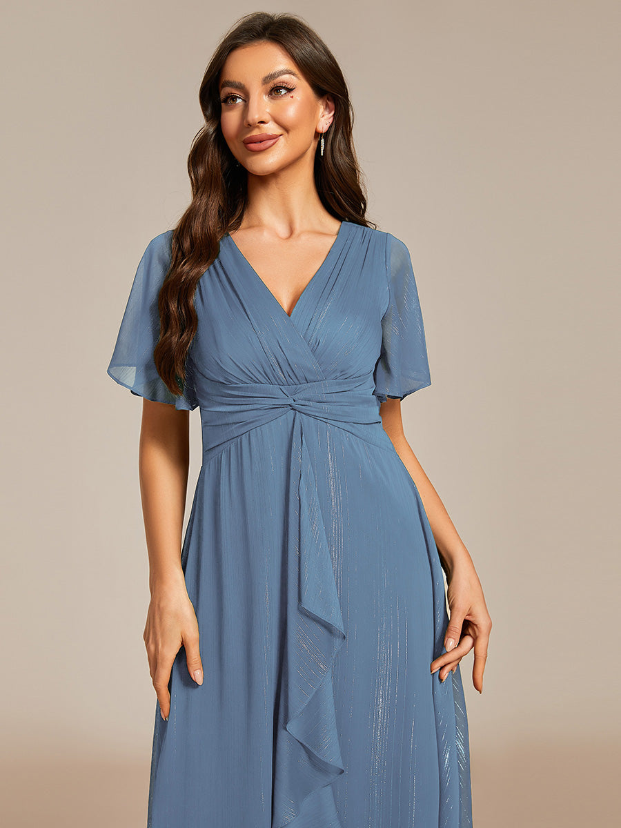 Shimmer V Neck Tea Length Wedding Guest Dress With Short Sleeves