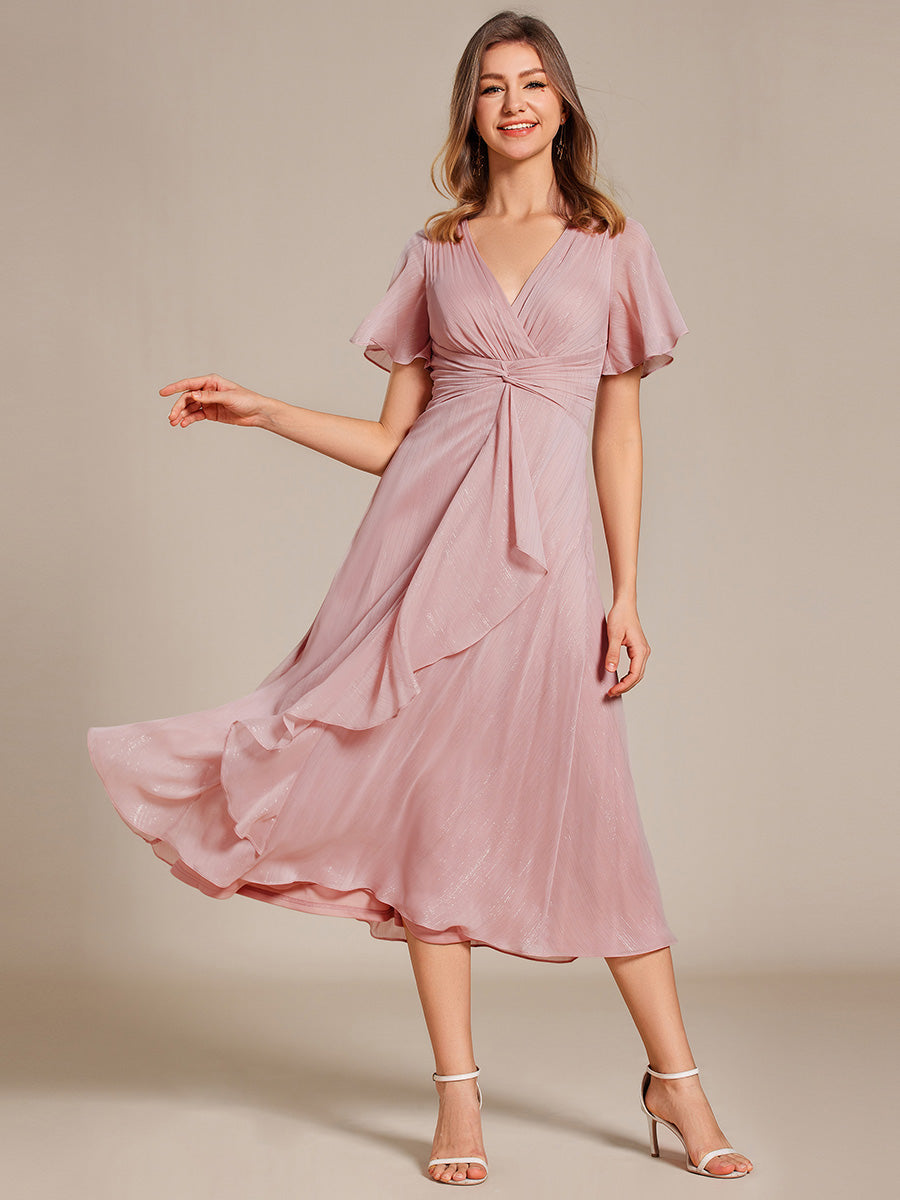 Shimmer V Neck Tea Length Wedding Guest Dress With Short Sleeves