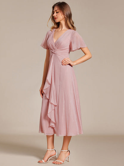 Shimmer V Neck Tea Length Wedding Guest Dress With Short Sleeves