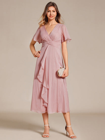 Shimmer V Neck Tea Length Wedding Guest Dress With Short Sleeves