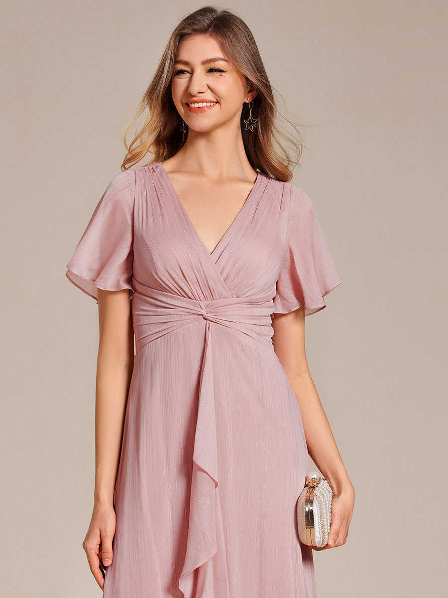 Shimmer V Neck Tea Length Wedding Guest Dress With Short Sleeves