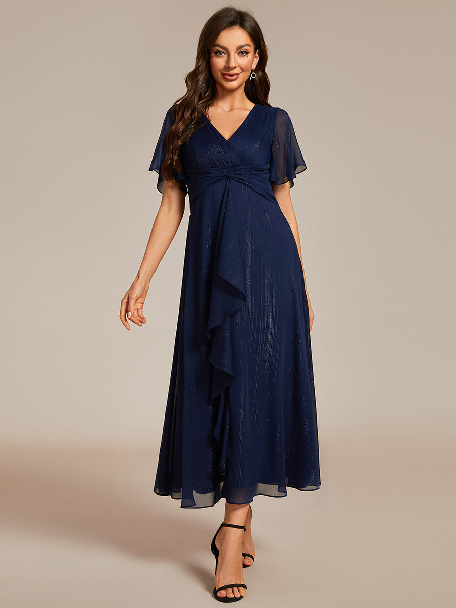 Shimmer V Neck Tea Length Wedding Guest Dress With Short Sleeves