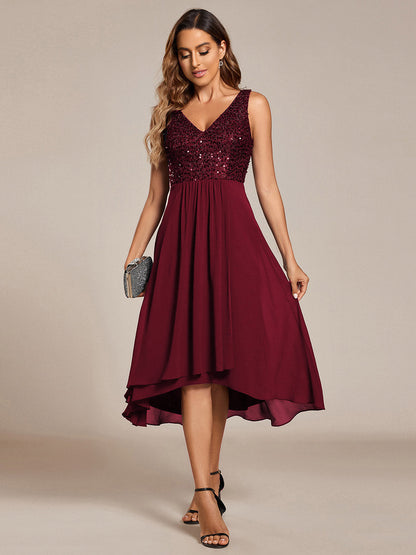 Elegant A-Line Empire Waist Midi Length Chiffon Sequin Dresses Sleeveless Evening Dress