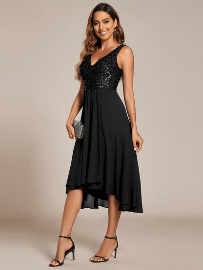 Elegant A-Line Empire Waist Midi Length Chiffon Sequin Dresses Sleeveless Evening Dress