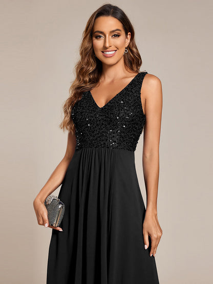 Elegant A-Line Empire Waist Midi Length Chiffon Sequin Dresses Sleeveless Evening Dress