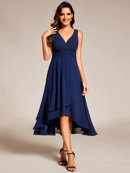 Graceful Asymmetric A-Line Pleated Empire Waist Chiffon Dresses V Neck Strapless Wedding Guest Dress