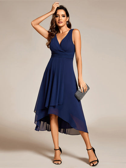 Graceful Asymmetric A-Line Pleated Empire Waist Chiffon Dresses V Neck Strapless Wedding Guest Dress