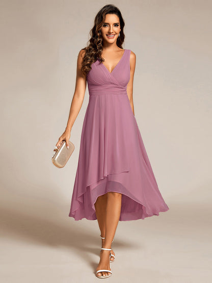 Graceful Asymmetric A-Line Pleated Empire Waist Chiffon Dresses V Neck Strapless Wedding Guest Dress