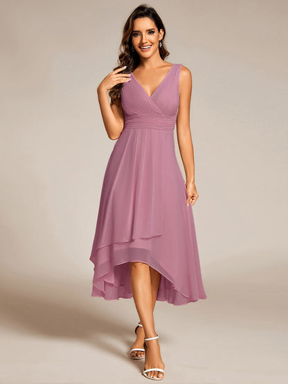 Graceful Asymmetric A-Line Pleated Empire Waist Chiffon Dresses V Neck Strapless Wedding Guest Dress