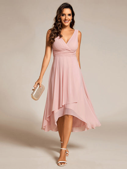 Graceful Asymmetric A-Line Pleated Empire Waist Chiffon Dresses V Neck Strapless Wedding Guest Dress