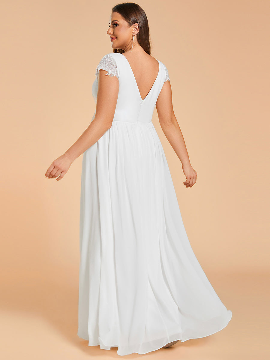 Plus Size Hollow Pleated V-Neck Simple Wedding Dress with Short Sleeves