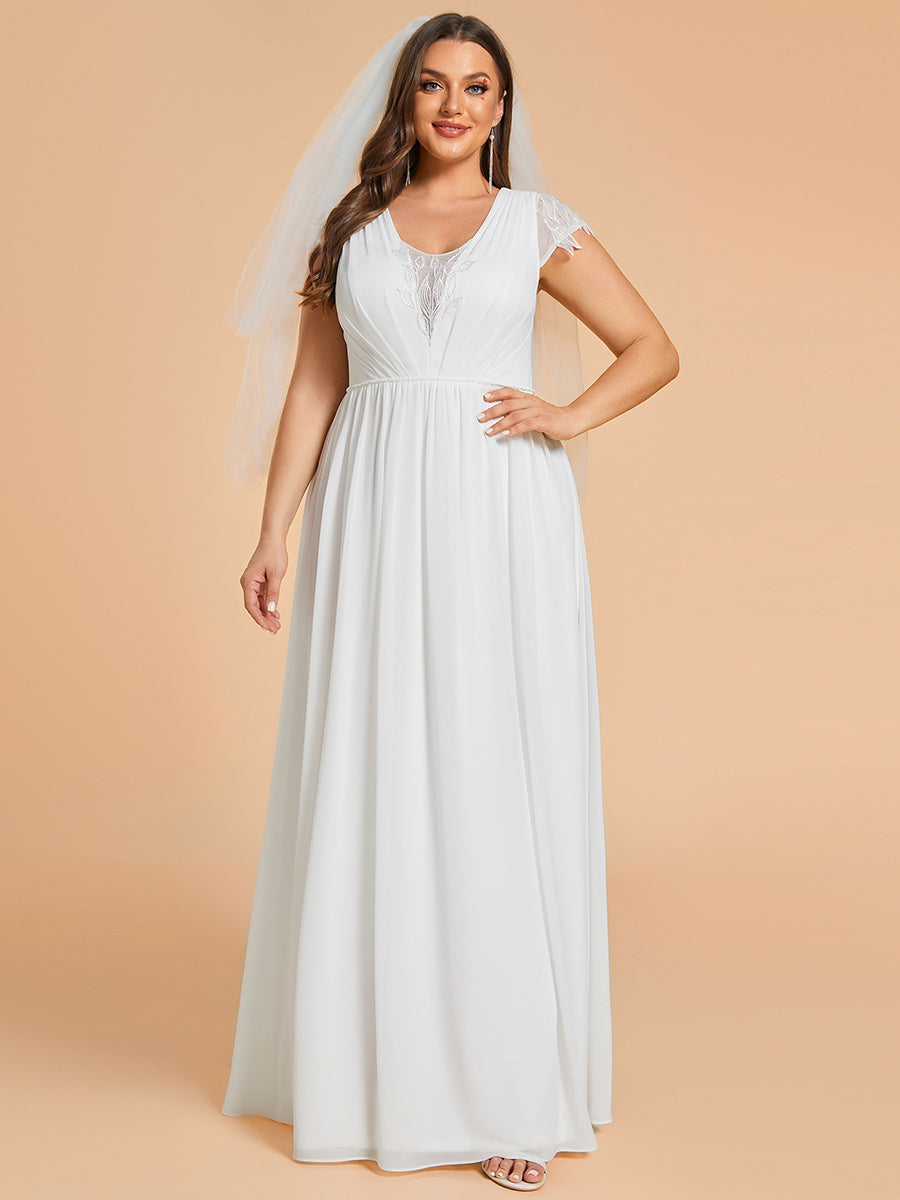 Plus Size Hollow Pleated V-Neck Simple Wedding Dress with Short Sleeves