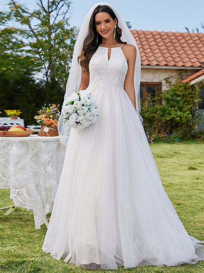 Elegant  A-Line Floor Length Keyhole Neck Sleeveless Wholesale Wedding Dress