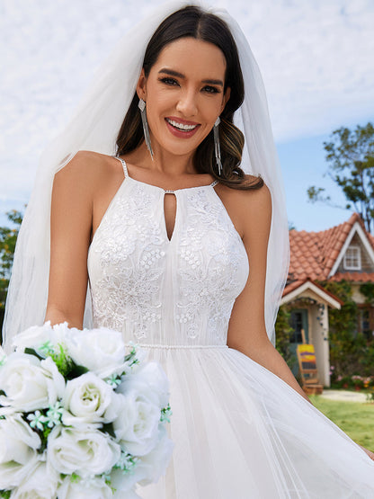 Elegant  A-Line Floor Length Keyhole Neck Sleeveless Wholesale Wedding Dress