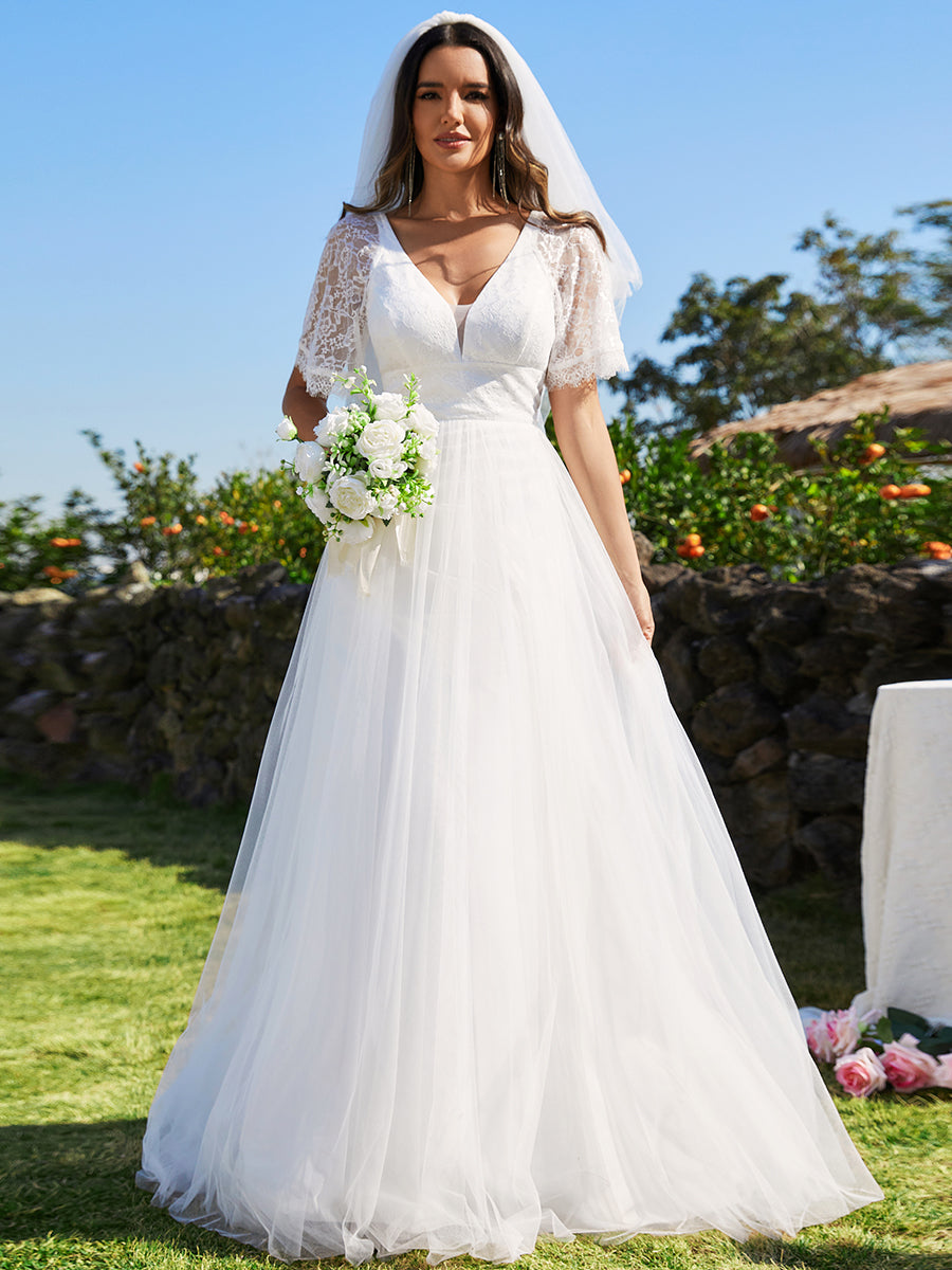 A-line V-Neck Lace Wholesale Wedding Dresses With Embroidery