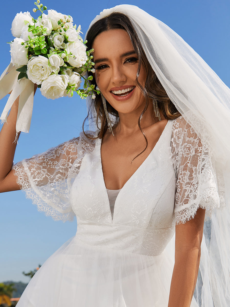 A-line V-Neck Lace Wholesale Wedding Dresses With Embroidery